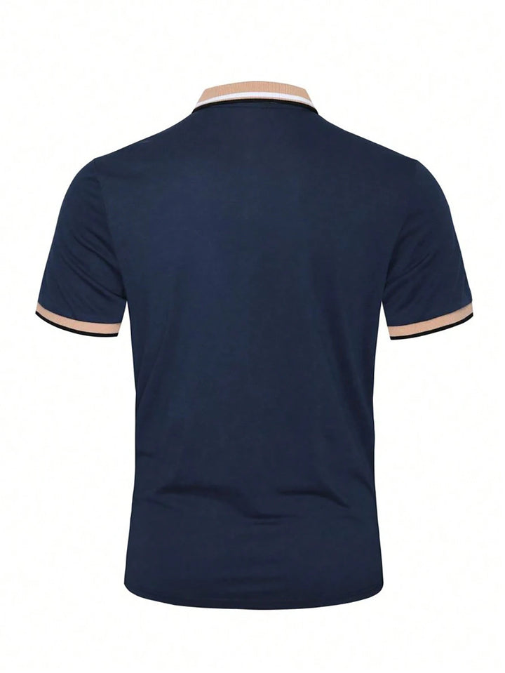 Manfinity Homme Men Wings Print Contrast Collar Polo Shirt , Graphic Color Block Dark Blue Polo Shirt , Work Fashion Dad and Me